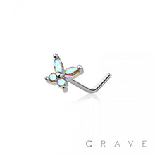 Load image into Gallery viewer, CZ PRONG BUTTERFLY 316L SURGICAL STEEL "L" SHAPE NOSE RING: SS/AQUA-20GA (0.8MM)-1/4" (6MM)
