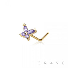 Load image into Gallery viewer, CZ PRONG BUTTERFLY 316L SURGICAL STEEL "L" SHAPE NOSE RING: SS/AQUA-20GA (0.8MM)-1/4" (6MM)