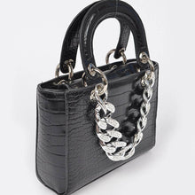 Load image into Gallery viewer, Faux Croc Handles Purse Bag W/Stoned Chain: Black Silver