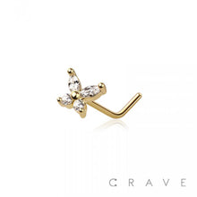 Load image into Gallery viewer, CZ PRONG BUTTERFLY 316L SURGICAL STEEL "L" SHAPE NOSE RING: SS/AQUA-20GA (0.8MM)-1/4" (6MM)