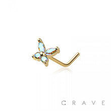 Load image into Gallery viewer, CZ PRONG BUTTERFLY 316L SURGICAL STEEL "L" SHAPE NOSE RING: SS/PINK-20GA (0.8MM)-1/4" (6MM)