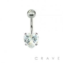 Load image into Gallery viewer, DOUBLE GEM PRONG SET HEART CZ 316L SS NAVEL RING: AB/RED EFFECT-14GA (1.6mm)-3/8" (10MM)-5X8mm