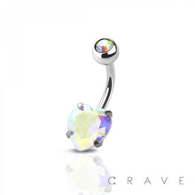Load image into Gallery viewer, DOUBLE GEM PRONG SET HEART CZ 316L SS NAVEL RING: AB/RED EFFECT-14GA (1.6mm)-3/8" (10MM)-5X8mm