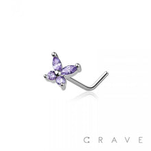 Load image into Gallery viewer, CZ PRONG BUTTERFLY 316L SURGICAL STEEL "L" SHAPE NOSE RING: SS/AQUA-20GA (0.8MM)-1/4" (6MM)