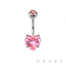 Load image into Gallery viewer, DOUBLE GEM PRONG SET HEART CZ 316L SS NAVEL RING: AB/RED EFFECT-14GA (1.6mm)-3/8" (10MM)-5X8mm