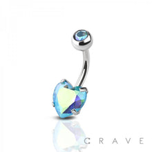 Load image into Gallery viewer, DOUBLE GEM PRONG SET HEART CZ 316L SS NAVEL RING: AB/RED EFFECT-14GA (1.6mm)-3/8" (10MM)-5X8mm