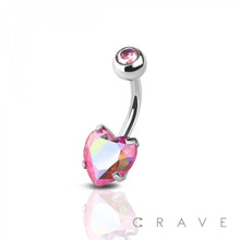 Load image into Gallery viewer, DOUBLE GEM PRONG SET HEART CZ 316L SS NAVEL RING: AB/RED EFFECT-14GA (1.6mm)-3/8" (10MM)-5X8mm