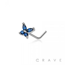 Load image into Gallery viewer, CZ PRONG BUTTERFLY 316L SURGICAL STEEL "L" SHAPE NOSE RING: SS/AQUA-20GA (0.8MM)-1/4" (6MM)