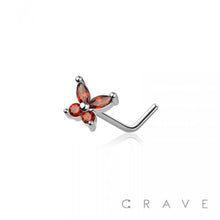 Load image into Gallery viewer, CZ PRONG BUTTERFLY 316L SURGICAL STEEL "L" SHAPE NOSE RING: SS/AQUA-20GA (0.8MM)-1/4" (6MM)