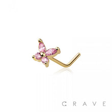 Load image into Gallery viewer, CZ PRONG BUTTERFLY 316L SURGICAL STEEL "L" SHAPE NOSE RING: SS/PINK-20GA (0.8MM)-1/4" (6MM)