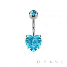 Load image into Gallery viewer, DOUBLE GEM PRONG SET HEART CZ 316L SS NAVEL RING: AB/RED EFFECT-14GA (1.6mm)-3/8" (10MM)-5X8mm
