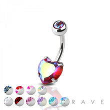 Load image into Gallery viewer, DOUBLE GEM PRONG SET HEART CZ 316L SS NAVEL RING: AB/RED EFFECT-14GA (1.6mm)-3/8" (10MM)-5X8mm