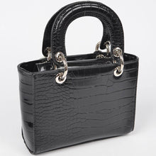 Load image into Gallery viewer, Faux Croc Handles Purse Bag W/Stoned Chain: Black Silver