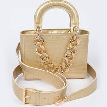 Load image into Gallery viewer, Faux Croc Handles Purse Bag W/Stoned Chain: Black Silver
