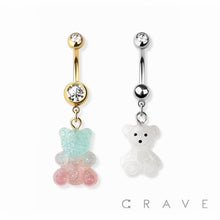 Load image into Gallery viewer, GUMMY BEAR & TEDDY BEAR DANGLE 316L SS NAVEL BELLY RING: GOLD/2 TONE BL/PK