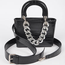 Load image into Gallery viewer, Faux Croc Handles Purse Bag W/Stoned Chain: Black Silver