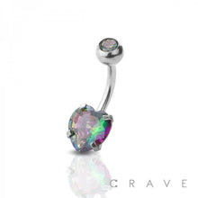 Load image into Gallery viewer, DOUBLE GEM PRONG SET HEART CZ 316L SS NAVEL RING: AB/RED EFFECT-14GA (1.6mm)-3/8" (10MM)-5X8mm
