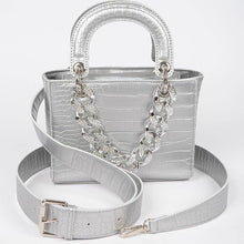 Load image into Gallery viewer, Faux Croc Handles Purse Bag W/Stoned Chain: Black Silver