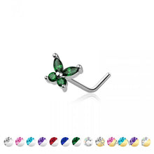 Load image into Gallery viewer, CZ PRONG BUTTERFLY 316L SURGICAL STEEL "L" SHAPE NOSE RING: SS/AQUA-20GA (0.8MM)-1/4" (6MM)