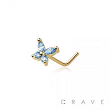 Load image into Gallery viewer, CZ PRONG BUTTERFLY 316L SURGICAL STEEL "L" SHAPE NOSE RING: SS/PINK-20GA (0.8MM)-1/4" (6MM)