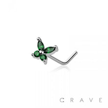 Load image into Gallery viewer, CZ PRONG BUTTERFLY 316L SURGICAL STEEL "L" SHAPE NOSE RING: SS/AQUA-20GA (0.8MM)-1/4" (6MM)