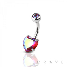 Load image into Gallery viewer, DOUBLE GEM PRONG SET HEART CZ 316L SS NAVEL RING: AB/RED EFFECT-14GA (1.6mm)-3/8" (10MM)-5X8mm