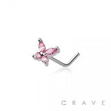 Load image into Gallery viewer, CZ PRONG BUTTERFLY 316L SURGICAL STEEL "L" SHAPE NOSE RING: SS/PINK-20GA (0.8MM)-1/4" (6MM)