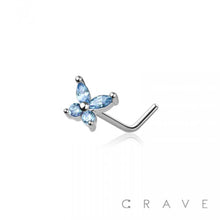 Load image into Gallery viewer, CZ PRONG BUTTERFLY 316L SURGICAL STEEL "L" SHAPE NOSE RING: SS/AQUA-20GA (0.8MM)-1/4" (6MM)