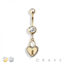 Load image into Gallery viewer, GEM HEART LOCKER DANGLE 316L SS NAVEL RING: GOLD /CLEAR-14GA (1.6MM)-3/8&quot; (10MM)-5MM
