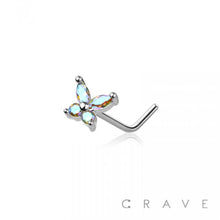Load image into Gallery viewer, CZ PRONG BUTTERFLY 316L SURGICAL STEEL &quot;L&quot; SHAPE NOSE RING: SS/AQUA-20GA (0.8MM)-1/4&quot; (6MM)

