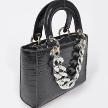 Load image into Gallery viewer, Faux Croc Handles Clutch W/Stoned Chain: Silver Silver
