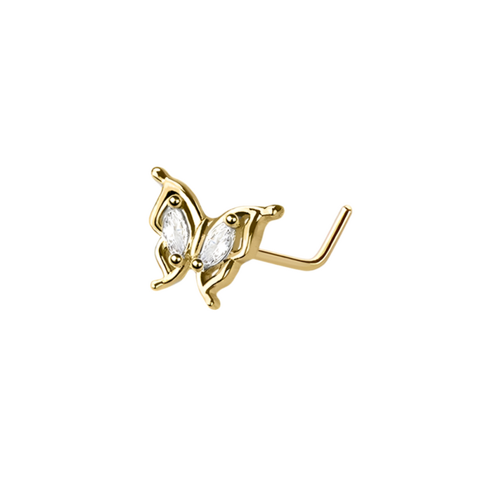 CZ PAVED GEM BUTTERFLY 316L SURGICAL STEEL L-SHAPE NOSE STUD
