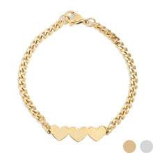 Load image into Gallery viewer, WJW - 18K Gold PVD Stainless Steel Engravable 3 Hearts on Curb Chain Bracelet
