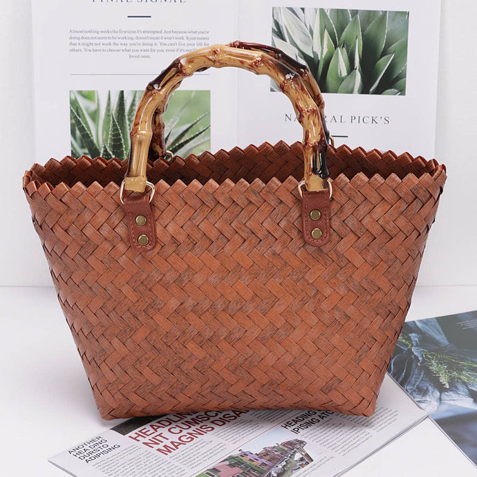 PVC Braided Top Handle Bag Purse Tote Brown