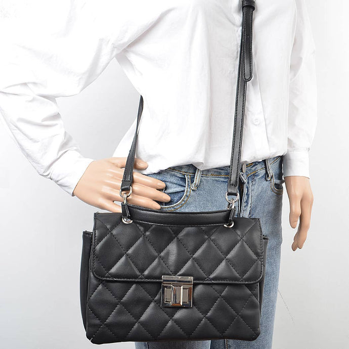 Quilted Faux Leather Top Handle Clutch: Black