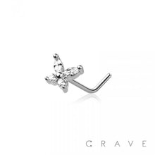 Load image into Gallery viewer, CZ PRONG BUTTERFLY 316L SURGICAL STEEL &quot;L&quot; SHAPE NOSE RING: SS/PINK-20GA (0.8MM)-1/4&quot; (6MM)
