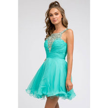 Load image into Gallery viewer, Juliet - JEWEL EMBELLISHED SHORT V-BACK DRESS: JADE / XS
