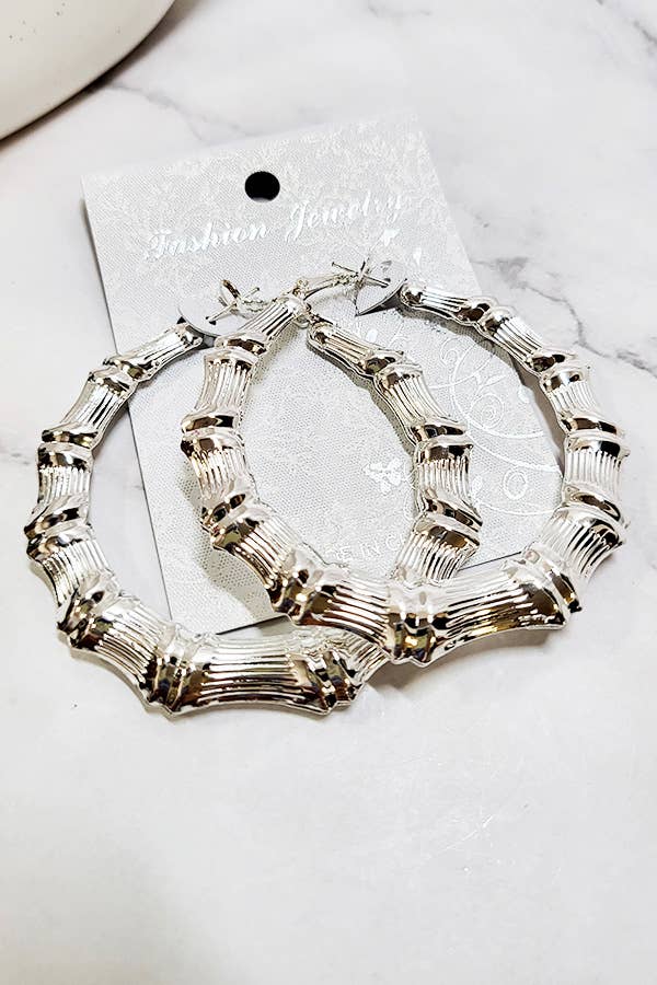 Silver Color Bamboo Hoop Earrings