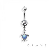 OPAL HEART 316L SS DANGLE NAVEL RING: SS/CLEAR-14GA (1.6MM)-3/8