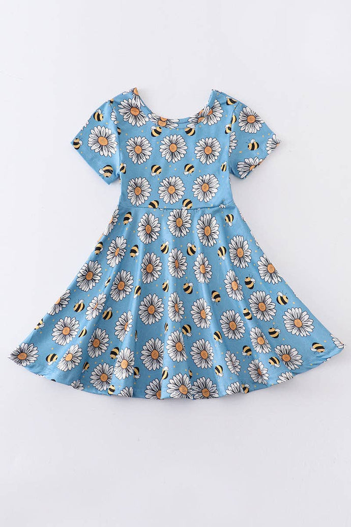 Blue Floral Bee Print Twirl Dress