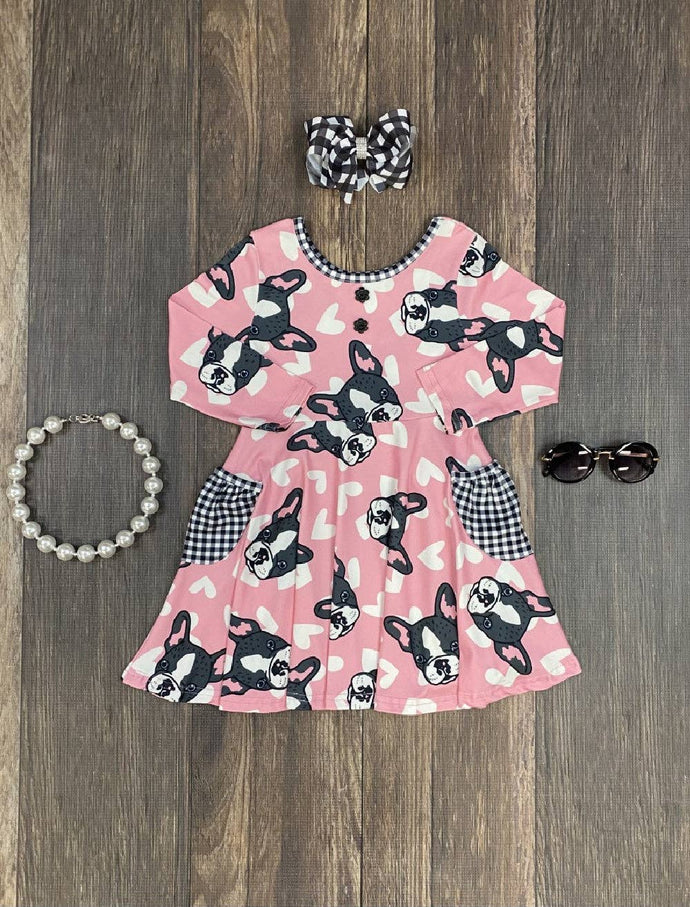 Pink Boston Terrier & Hearts Twirl Dress