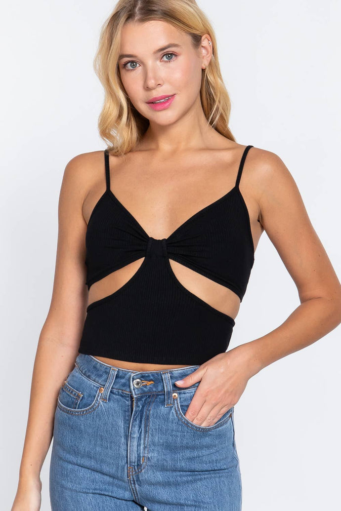 SI-22747 FITTED V-NECK w/BOW CUT-OUT KNIT CAMI TOP: BLK-black-138339 / M