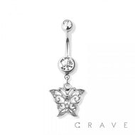 GEM PAVED BUTTERFLY DANGLE 316L SS NAVEL RING(NSD-675): SS/CLEAR-14GA (1.6MM)-3/8