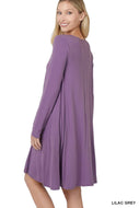 Eggplant Long Sleeve Flare Dress With Side Pockets