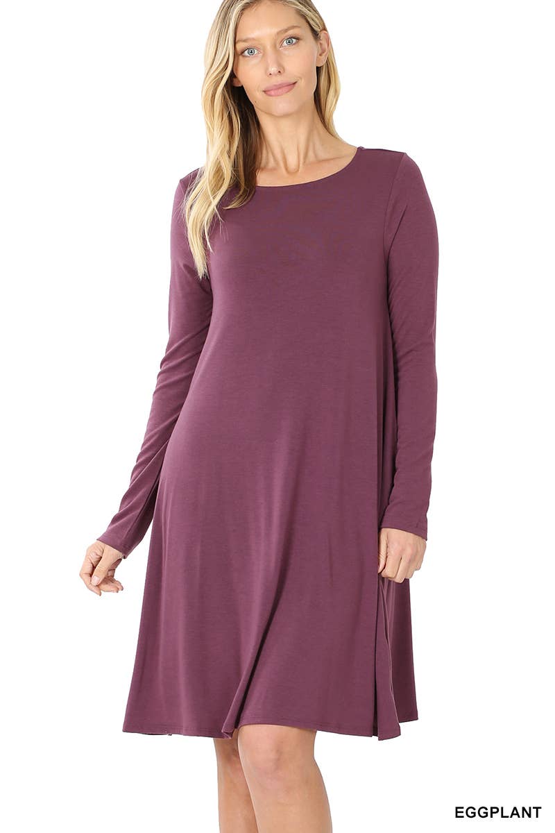 Lilac Grey Long Sleeve Flare Dress With Side Pockets