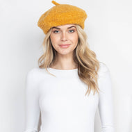 Fuzzy Fleece Beret Hat Mustard Yellow