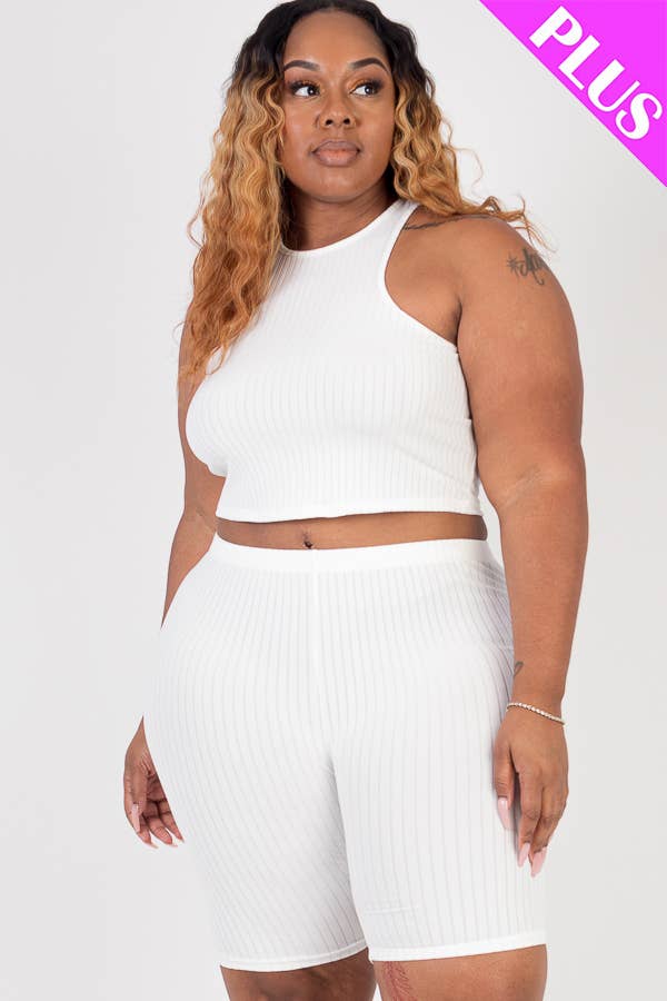 Plus Size Ribbed Cropped Tank Top and Biker Shorts Set 1-3X