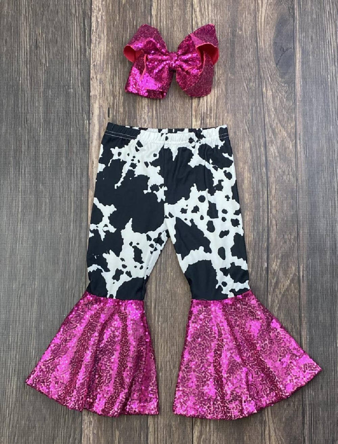 Cow Print & Hot Pink Sequin Colorblock Bell Bottoms