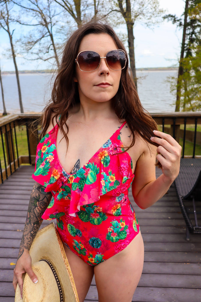 Merigold Kiss - MK094 Travis Surplice Flounce Swimsuit - 6 Colors: S / Pink Cactus