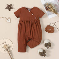 Caramel Brown Baby Girl Solid Ribbed V Neck Short-sleeve Jumpsuit